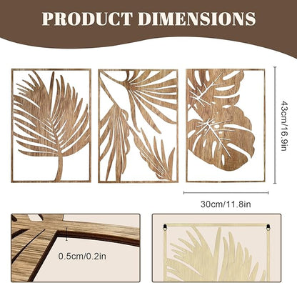 Jinzhenhong 3Pcs Modern Wooden Wall Sculptures, Leaf Sign Vintage Tropical Plant Wall, Wood Rustic Palm Leaf Wall Art Decor for Living Room Bathroom Bedroom Office (Leaf 1 Dark Brown)