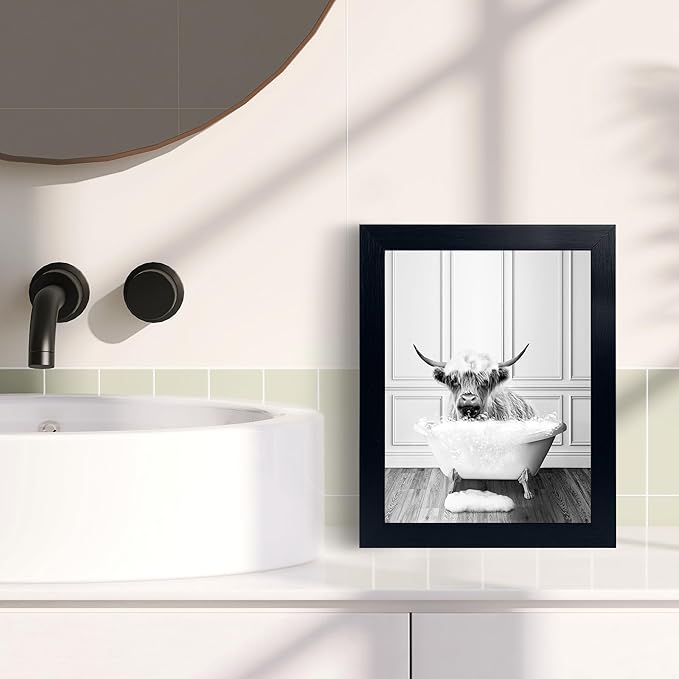 calmart Highland Cow Pictures Wall Decor - Funny Black and White Decor Wall Art, Canvas Wall Art Home Decor for Bedroom Framed Ready to Hang