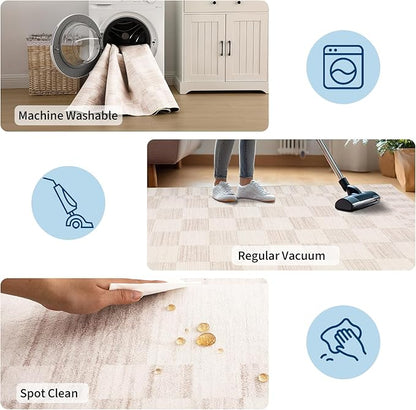 GarveeHome Beige Checkered Rug 6×9 Area Rugs for Living Room,Non-Slip Washable Rug Soft Low-Pile,Neutral Modern Checkerboard Farmhouse Geometric Rugs for Bedroom Dining Room