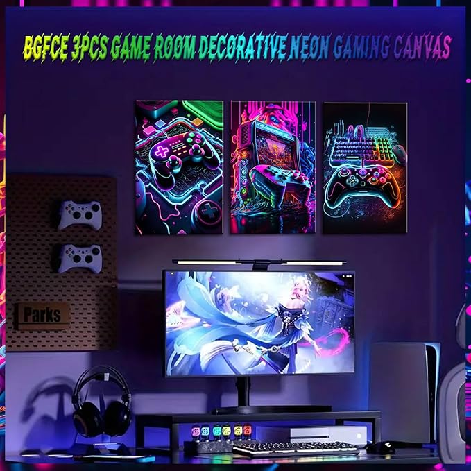 BGFCE Game Room Decor Posters Set of 3 - Neon Gaming Accessories Theme Canvas Wall Art, Gamer Console Paintings Picture Wall Decor for Children Youth Boys Bedroom 12x16 inch Framed