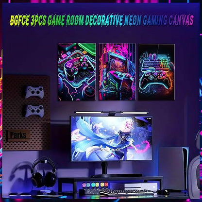 BGFCE Game Room Decor Posters Set of 3 - Neon Gaming Accessories Theme Canvas Wall Art, Gamer Console Paintings Picture Wall Decor for Children Youth Boys Bedroom 12x16 inch Framed