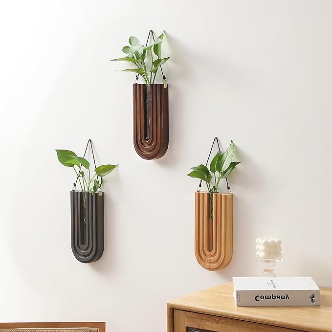 GRID FORTE Wood Wall Planter Indoor, Propagation Station, Wooden Hanging Vase for Dried Flowers, Plant Holder, Boho Wall Décor for Living Room Rainbow U Shape (Set of 3)