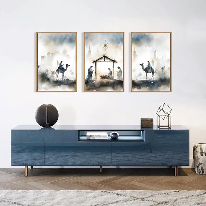 Large Catholic Jesus Nativity Scene Framed Canvas Wall Art Set,Watercolor Holy Birth of Jesus Wall Decor,Trendy Christian Religious Artwork for Living Room,Bedroom,Church-16 x24 x3