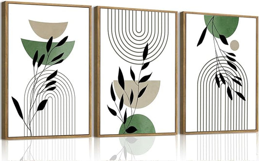 Bwodke Boho Wall Art, Framed Abstract Wall Art, Line Plants Leaf Canvas Wall Decor, Mid Century Sage Green Geometric Pictures Set of 3, Minimalist Paintings, for Bedroom Living Room Bathroom 12"x16"