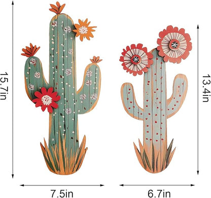 flangairy 3D Cactus Wall Decor, Set of 2 Wooden Cactus Flower Picture Southwestern Wall Art, Western Room Bathroom Bedroom Nursery Kitchen Decorations for Home