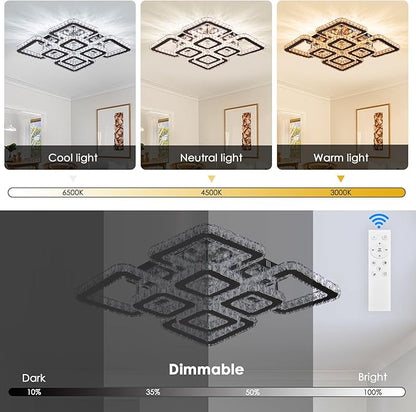 FRIXCHUR 20 Inch Dimmable Crystal Chandelier Flush Mount Ceiling Light 8-Light Square LED with Remote 72W 6120LM Modern K9 Crystal Chandelier for Living Room Bedroom Dining Room