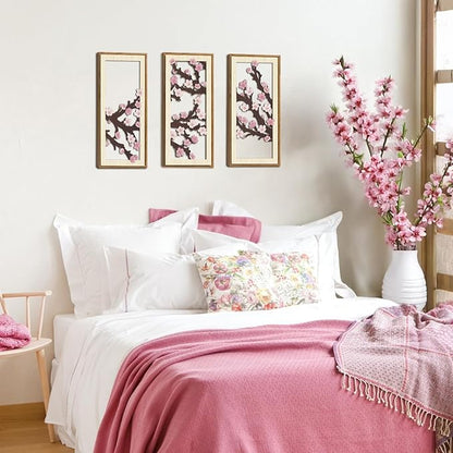 IARTTOP Cherry Blossom Wood Wall Decor Set of 3 Pink Flower Wall Art Japanese Sakura Tree Artwork Farmhouse Minimalist Botanical Print Decor for Living Room Bedroom Framed 7.9 x15.8 Inch