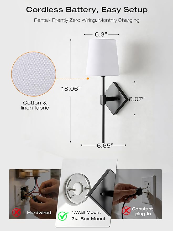 CLOUDY BAY 10000mAh Battery Operated Wall Sconces,Up to 100 Hours with Rechargeable RGB Dimmable Magnetic Bulb,Cordless Wall Lighting Fixtures with Remote for Bedroom,Black,2 Pack-18in