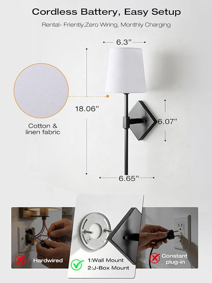 CLOUDY BAY 10000mAh Battery Operated Wall Sconces,Up to 100 Hours with Rechargeable RGB Dimmable Magnetic Bulb,Cordless Wall Lighting Fixtures with Remote for Bedroom,Black,2 Pack-18in