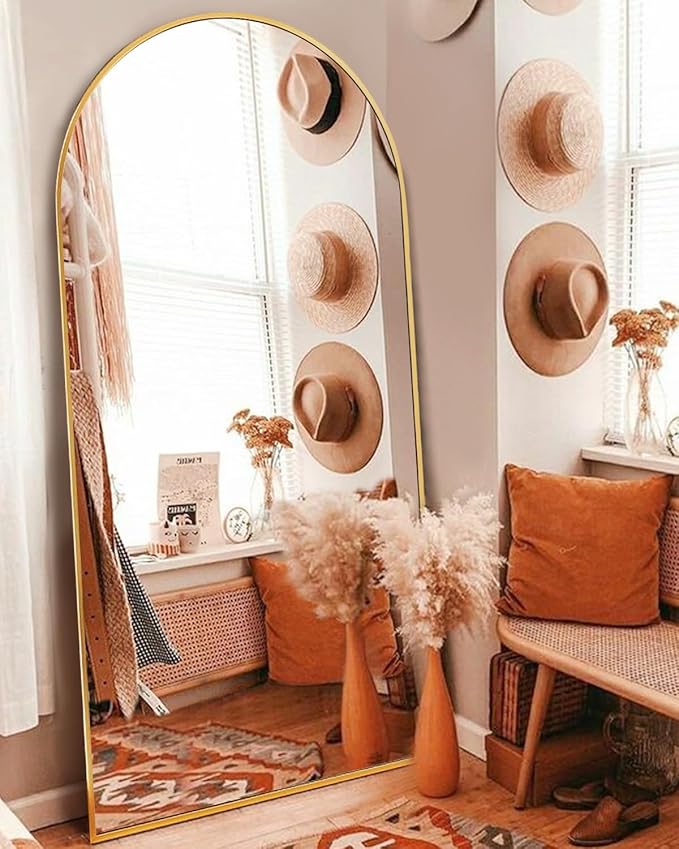 DYNWELL Arched Full Length Mirror, 76"x34" Large Floor Mirror with Stand, Wall-Mounted Gold Body Mirror for Bedroom