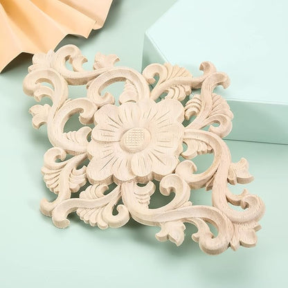 Wood Carved Appliques, 1Pc Wooden Decorative Onlays, MUXSAM Unpainted Furniture Center Decals for Cabinet Dresser Bed Door Wall Wardrobe Ceiling Decoration Home DIY Project, 25x15cm/9.84"x5.9"