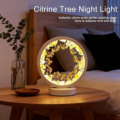 Runyangshi Natural Crystal Citrine Small Tree Round White Frame Tri-Color Ambient Light Home Decoration Night Light Healing Decor Gift