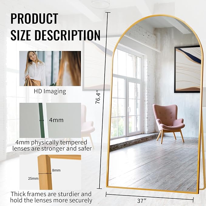 Beauty4U 76" x 37" Arched Full Length Mirror with Stand, Large Floor Mirror for Bedroom & Living Room, HD Tempered Glass Wall Mounted or Leaning Dressing Mirror, Gold Metal Frame