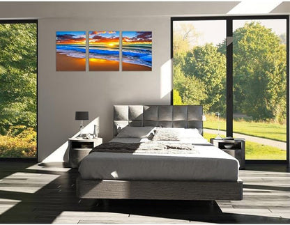 TutuBeer 3 Panels Beach Pictures Blue Sea White Beach at Sunrise Picture Print on Canvas Ocean Pictures Wall Decor Ocean Canvas Art Seascape Wall Art Stretched and Framed 12" x24" x 3