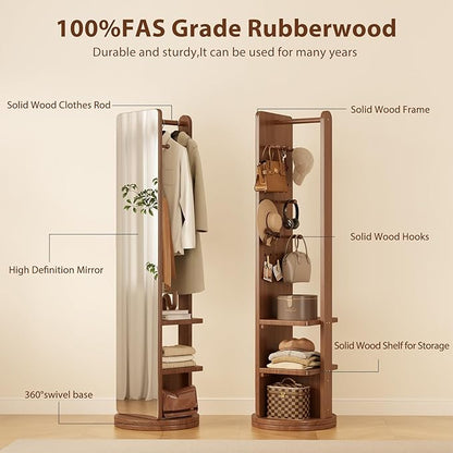 WoodsWhisper Full Length Mirror Coat Rack Solid Wood Floor Mirror 66"x12" Full Length Mirror with Stand Long Mirrors for Bedroom,Living Room (Walnut Brown, 70" L x 16" W)