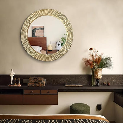 WAMIRRO Gold Round Wood Wall Mount Mirror, 24 Inch Hand Carved Solid Wood Frame Circle Mirror, Farmhouse Boho Decor for Living Room, Bathroom, Bedroom, Hallway & Entryway