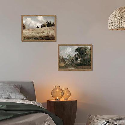 Framed Vintage Landscape Wall Art Set of 2, Rustic Farmhouse Field Canvas Wall Decor Paintings, Retro Nature Country Artwork Prints Pictures for Living Room Bedroom Home Decor 16x24 Inch