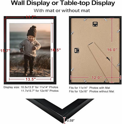 KINLINK 12x16 Picture Frame Black, Wooden 16x12 Photo Frames with Plexiglass for 11x14 Picture with Mat or 12x16 Without Mat, Perfect for Art Wall Gallery and Tabletop Display 12 x 16 frame Set of 6