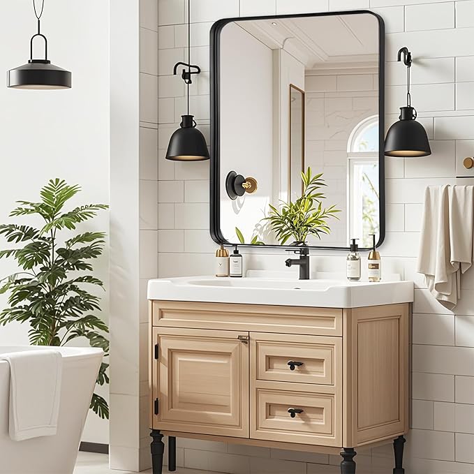 Fabuday Bathroom Mirror Over Sink - 36x30 Inch Mirrors for Bathroom Black Metal Framed Mirror, Rectangle Brushed Black Vanity Mirror for Restroom, Farmhouse, Entryway, Home Office