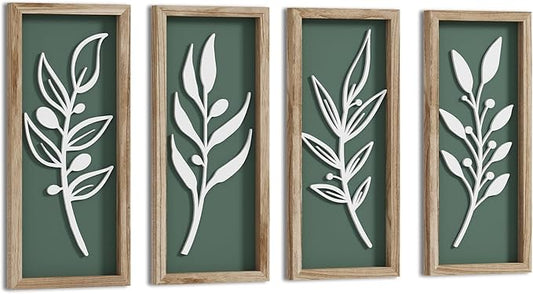 3D Tree Leaf Sage Green Boho Wall Art Lightweight (Set of 4), Minimalist Botanical Farmhouse Wooden Framed Bathroom Wall Decor For Living Room Bedroom Kitchen Office Hallway Decorations