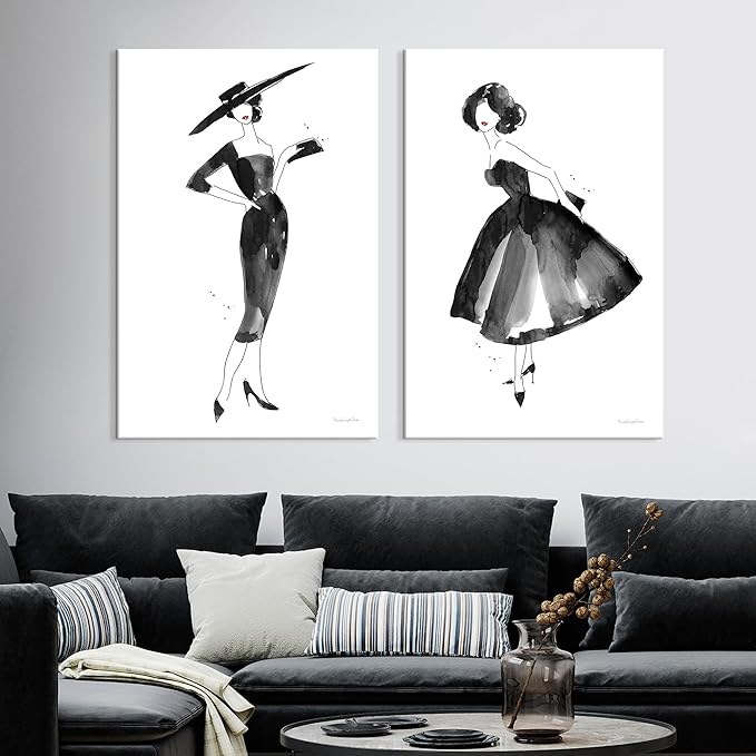2 Pieces Fashion Women Canvas Wall Art Trendy Models Painting Black and White Funky Poster Pictures Framed Artwork for Bedroom Bathroom Makeup Room Decor 12"x16" (30cmx40cm)