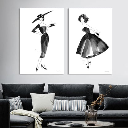 2 Pieces Fashion Women Canvas Wall Art Trendy Models Painting Black and White Funky Poster Pictures Framed Artwork for Bedroom Bathroom Makeup Room Decor 12"x16" (30cmx40cm)