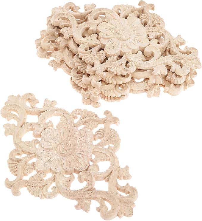 Wood Carved Appliques, 2Pcs Wooden Decorative Onlays, MUXSAM Unpainted Furniture Center Decals for Cabinet Dresser Bed Door Wall Wardrobe Ceiling Decoration Home DIY Project, 21x15cm/8.27"x5.9"