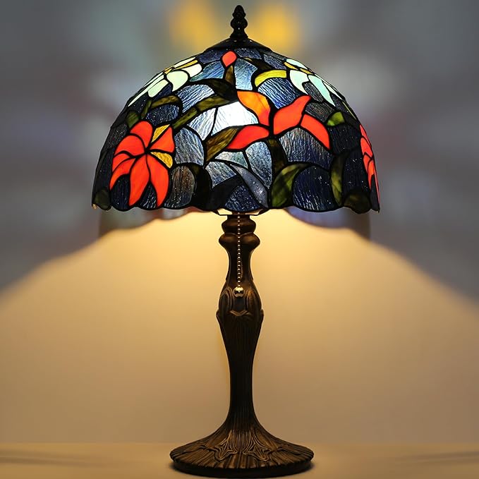 Tiffany Lamp Stained Glass Table Lamp Bedside Reading Lamp 12 x 19” Irises Style Decorative Lamp for Desk Study Living Room Bedroom Office Light Decor Gift