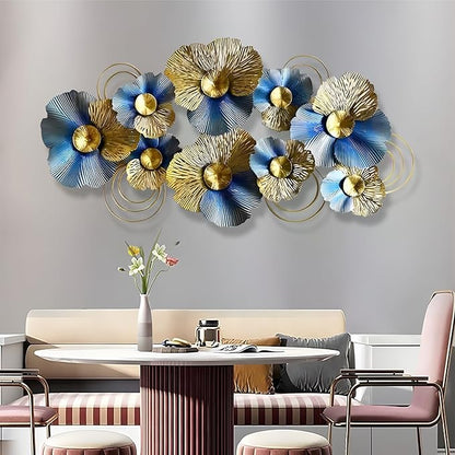 edaknez Metal Wall Art for Living Room, Extra Large Metal Wall Decor, 3D Modern Leaves Wall Decoration, Lotus Flower Wall Hanging Sculpture, for Indoor Outdoor, Blue & Gold (A 130x66x6cm)