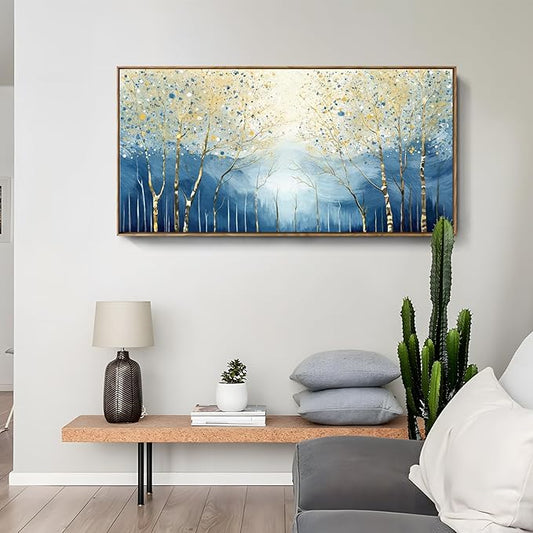 Large Framed Modern Living Room Canvas Wall Art, Abstract Plant Landscape Print Picture, Blue And Yellow Birch Forest Art Decor For Bedrooms, Dining Rooms, Balconies, Entryways, And Offices. 48X24 Inches.