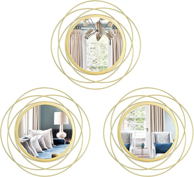 3 Set. Round Mirrors for Wall Decor Living Room Bedroom Bathroom Dining Room Metal Circle Mirror Set Boho Decorative Sunburst Wall Art Accent Entryway - Gold 9.5 in.