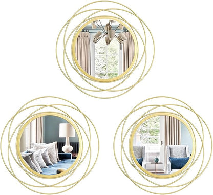 3 Set. Round Mirrors for Wall Decor Living Room Bedroom Bathroom Dining Room Metal Circle Mirror Set Boho Decorative Sunburst Wall Art Accent Entryway - Gold 9.5 in.