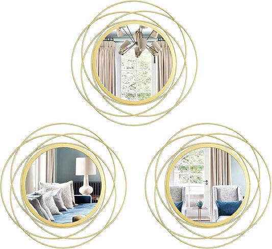 3 Set. Round Mirrors for Wall Decor Living Room Bedroom Bathroom Dining Room Metal Circle Mirror Set Boho Decorative Sunburst Wall Art Accent Entryway - Gold 9.5 in.