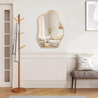 Wall Mirror Irregular Cloud Mirror Modern Wood Frame Mirror Unique Shape Asymmetrical Wall Vanity Artistic Mirror Decor for Bedroom Bathroom Entryway Hallway Living Room Large