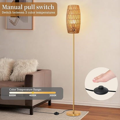 Ruiever Floor Lamp for Living Room,Farmhouse Floor lamp,Modern Standing lamp with Hand-Worked Rattan Shade (Drum Rattan Shade Body Gold Color-3 Color Bulb)