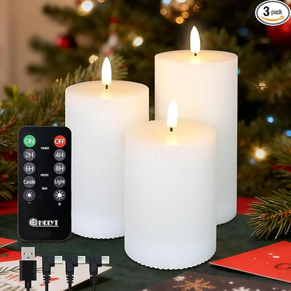LEDHOLYT Rechargeable Flameless LED Pillar Candles–Luminous Real Wax Indoor Home Decor–Set of 3, Realistic Flickering LED Flame,Remote & Timer, USB-Rechargeable（White）