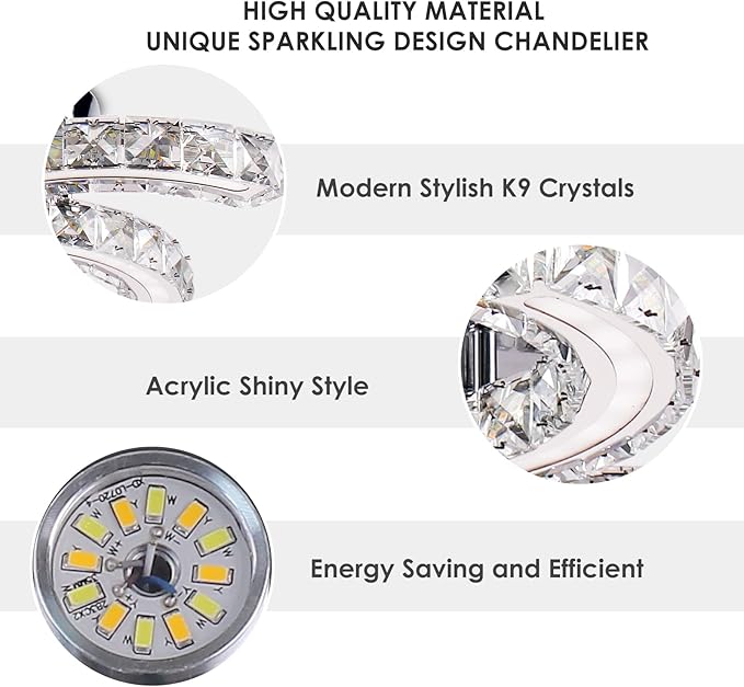 19.7" Dimmable Crystal Chandeliers Modern Crystal Ceiling Light Fixtures Acrylic 5 Arms Led Flush Mount Ceiling Light Lamp for Dining Room Living Room Bedroom Hallway Remote Control