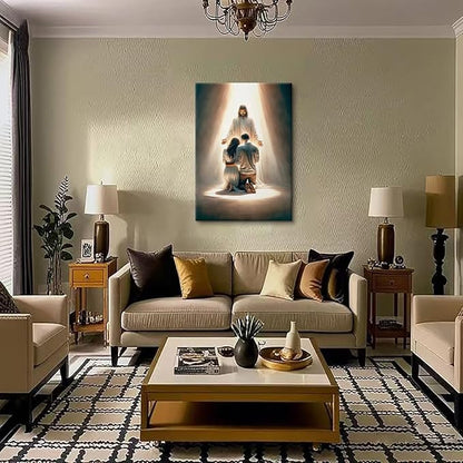 Jesus Blesses Couple Canvas Wall Art Couple Kneeling and Praying to Jesus Painting picture Wall Decor religion Christian Poster Print Artwork for Church LDS bedroom Living Home Decor 16x24 in Canvas
