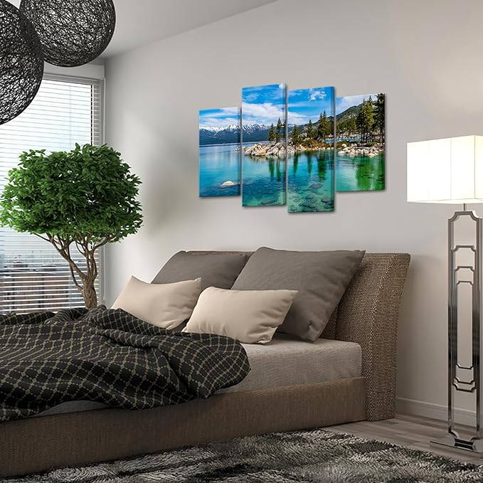 KREATIVE ARTS 4-Piece Lake Tahoe Canvas Wall Art Set - 48x33 Clear Turquoise Water & Green Mountain Forest Scenery, 3-Panel Landscape Prints for Home, Living, Dining Room Deco