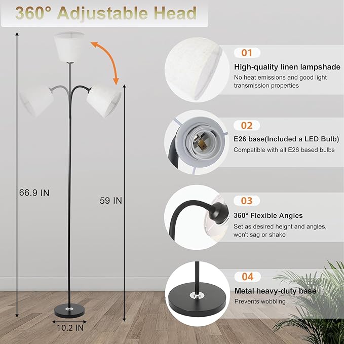 Floor Lamp, Industrial Metal Floor Lamps for Living Room with Adjustable Bendable 2 in 1 Reading Table Lamps for Living Room Bedroom Office (B+Linen)