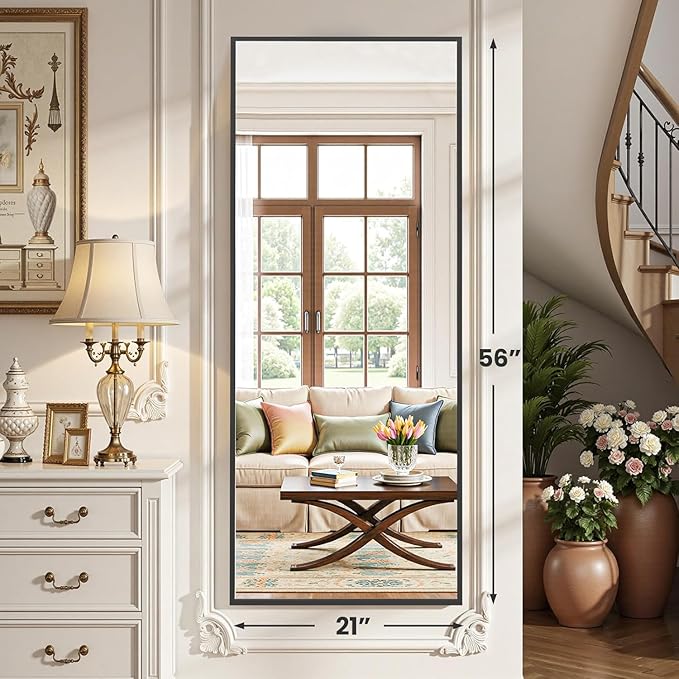 Simple Deluxe Arched Full Length Mirror, 56"×21" Large Floor Mirrors, for Wall Door Bedroom Bathroom Living Room (Black)
