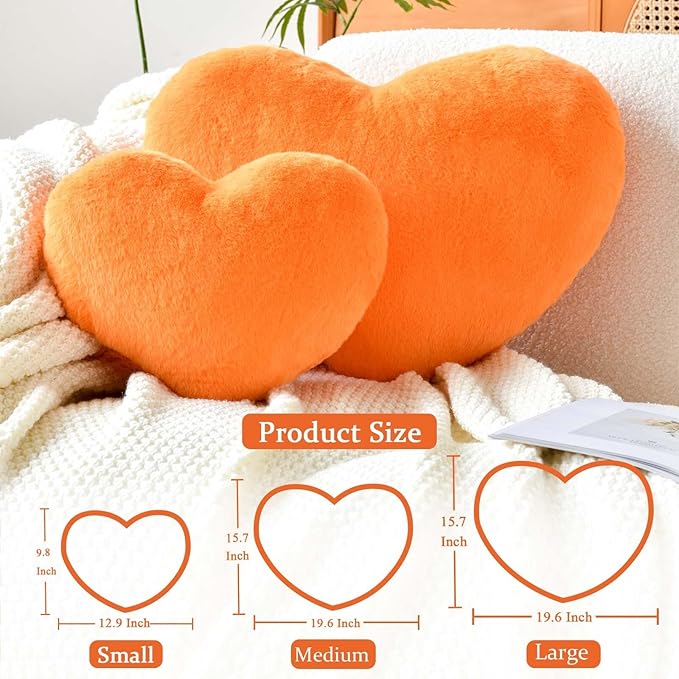 XVTRU Orange Heart Pillows, Cute Heart Decorative Pillow, Heart Shaped Throw Pillows for Bed, Faux Rabbit Fur Plush Hoom Decor Pillow Cushion for Chair Sofa Living Room (Large-19.6"x15.7")