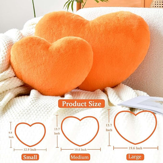 XVTRU Orange Heart Pillows, Cute Heart Decorative Pillow, Heart Shaped Throw Pillows for Bed, Faux Rabbit Fur Plush Hoom Decor Pillow Cushion for Chair Sofa Living Room (Large-19.6"x15.7")
