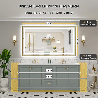 72x40 Inch LED Bathroom Mirror with Gold Frame, Backlit & Front Lit, Anti-Fog Lighted Bathroom Vanity Mirror for Wall, Memory Function, Dimmable, HD Tempered Glass, Shatter-Proof