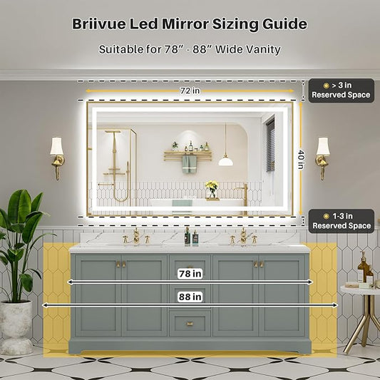 72x40 Inch LED Bathroom Mirror with Gold Frame, Backlit & Front Lit, Anti-Fog Lighted Bathroom Vanity Mirror for Wall, Memory Function, Dimmable, HD Tempered Glass, Shatter-Proof