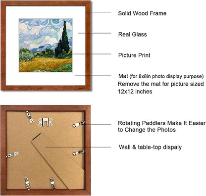 12x12 Picture Frame Set of 4 Made of Solid Wood Photo Frame with Real Glass for Pictures 8x8 with Mat or 12x12 without Mat, Wall Gallery or Tabletop display Frames, Brown