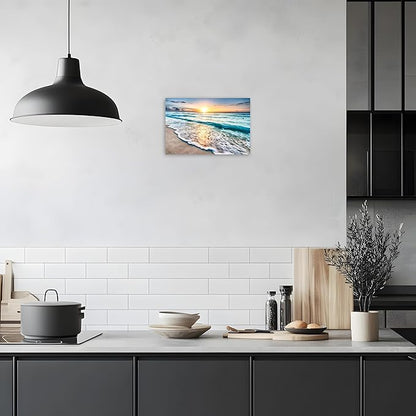 TutuBeer 1 Pcs Beach Wall Art Beach Pictures Ocean Pictures Wall Decor Blue Sea Sunset White Ocean Print on Canvas Seascape Canvas Art for Bedroom Home Decor Ready to Hang 16x24 inch