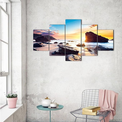 5 Piece Beach Sea Scene Wall Art for Bedroom Modern Home Decor HD Landscape Canvas Print Picture Bathroom Canvas Framed Wall Artwork Giclee Art Ready to Hang-60''W x 32''H