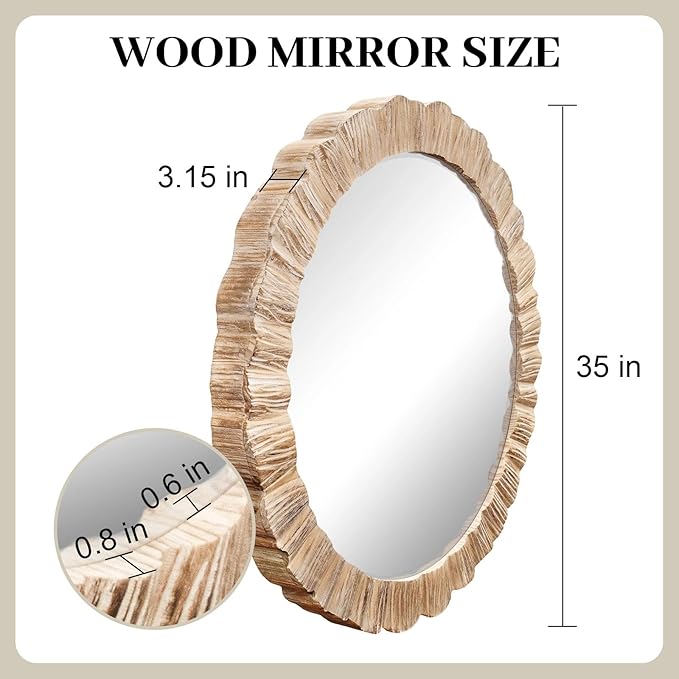 35" Wood Round Mirror, Rustic Wall Mirror with Thick Frame, Large Round Mirrors for Wall Decor, Wooden Circle Beveled Mirrors for Entryway, Farmhouse, Washed White