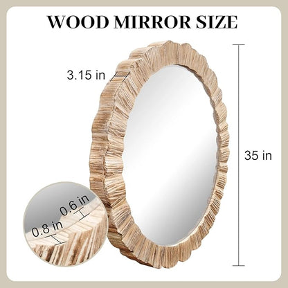 35" Wood Round Mirror, Rustic Wall Mirror with Thick Frame, Large Round Mirrors for Wall Decor, Wooden Circle Beveled Mirrors for Entryway, Farmhouse, Washed White